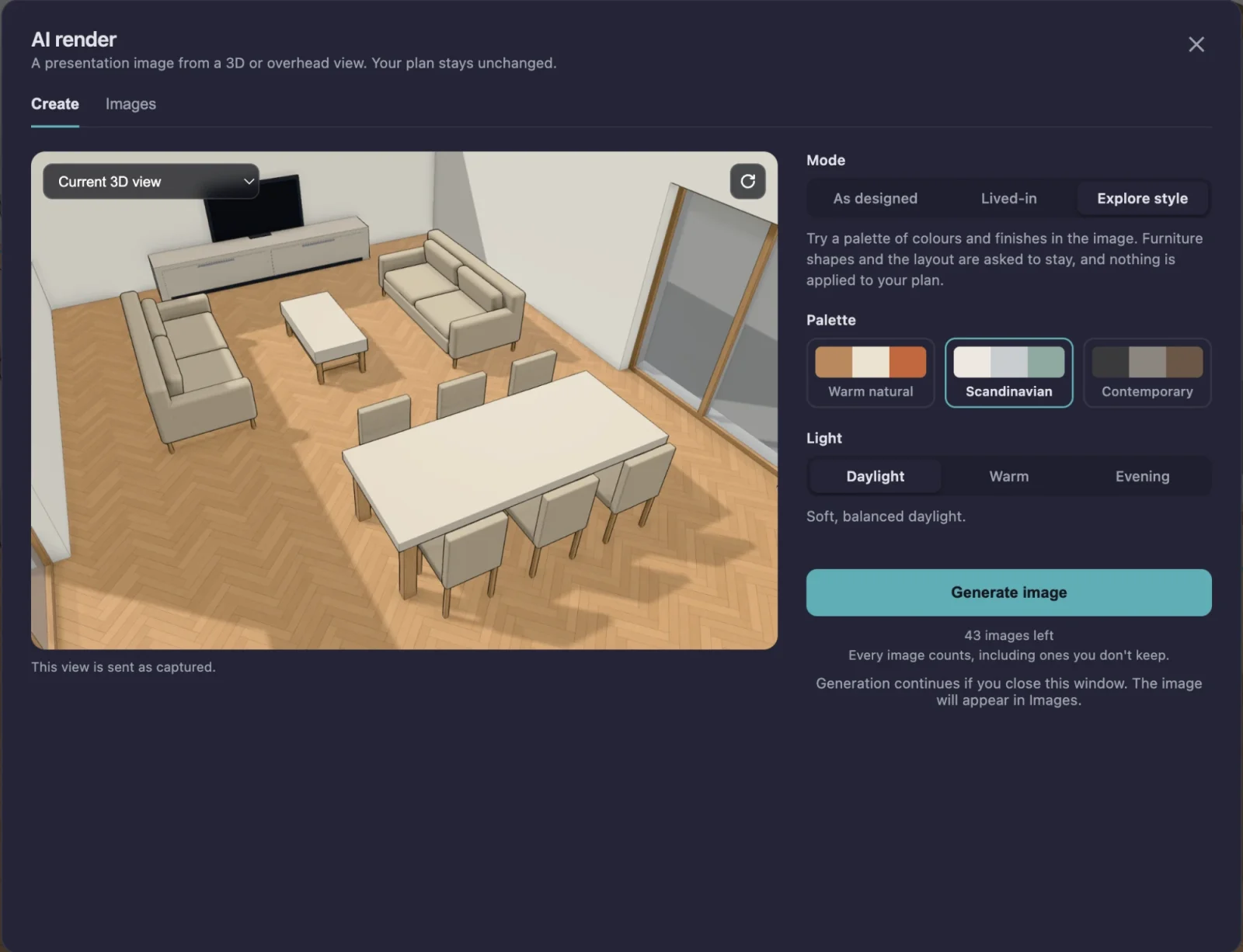 The AI render window in Gridsnap: the Create tab with the current 3D view of a living and dining room as the source, Mode set to Explore style, the Scandinavian palette selected beside Warm natural and Contemporary, Light set to Daylight, a Generate image button and the number of images left.