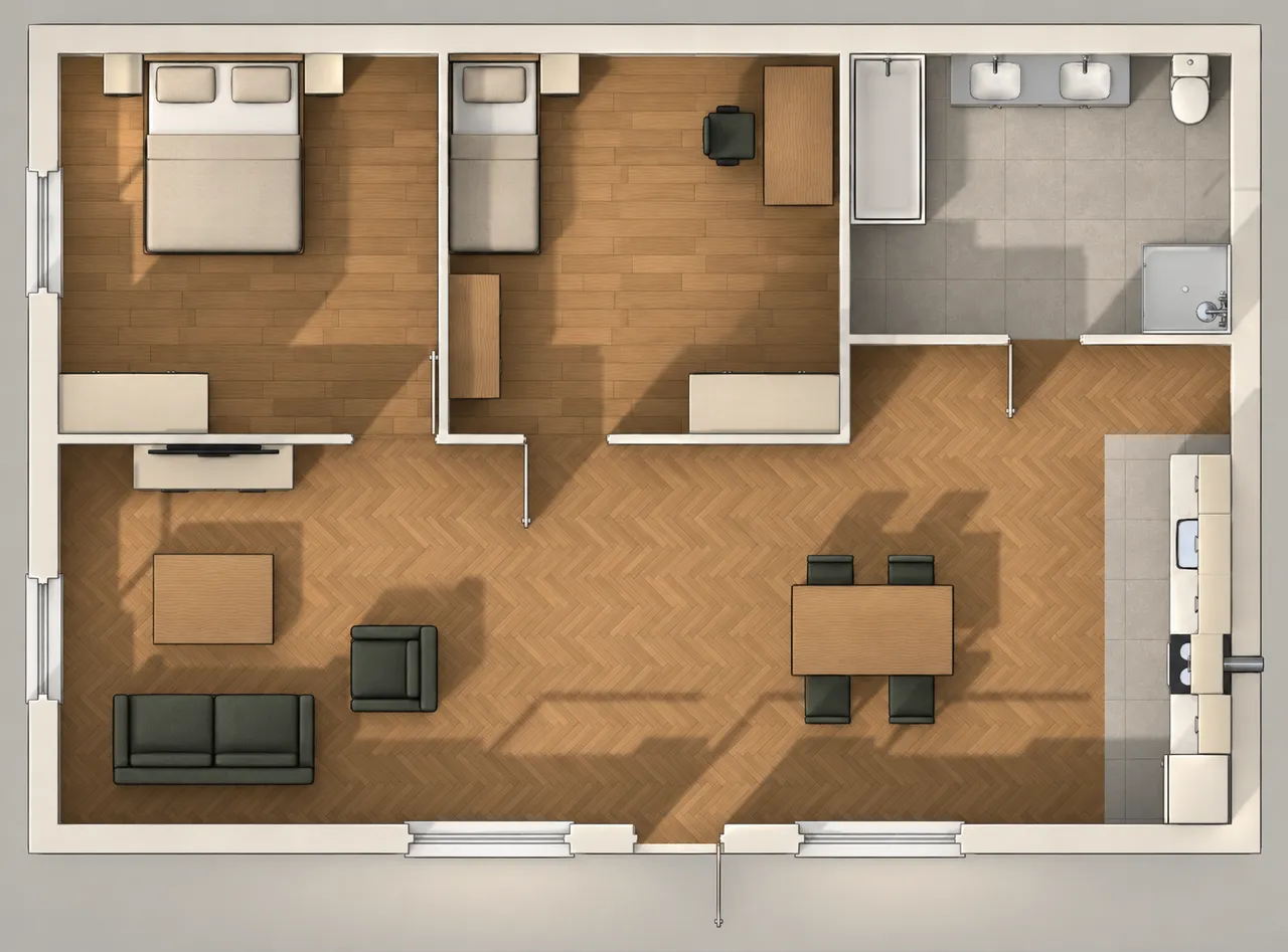 The As designed AI image of the same view in soft evening light: the same rooms, floors and furniture positions, but the sofa, armchair and dining chairs have come out charcoal instead of green.