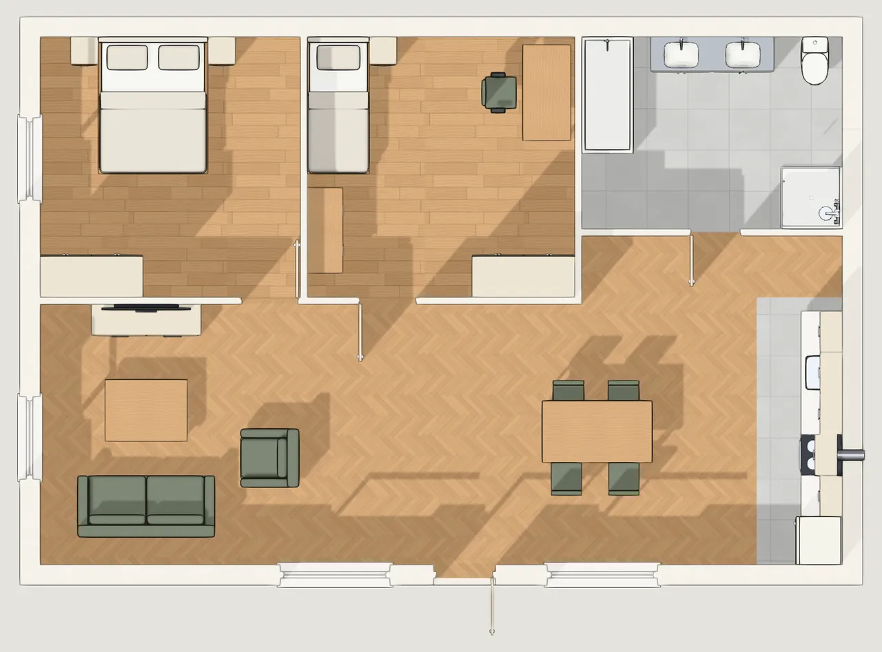 Gridsnap's overhead render of the same furnished two-bedroom flat in its drawn finishes, with a green sofa and armchair and green dining chairs.