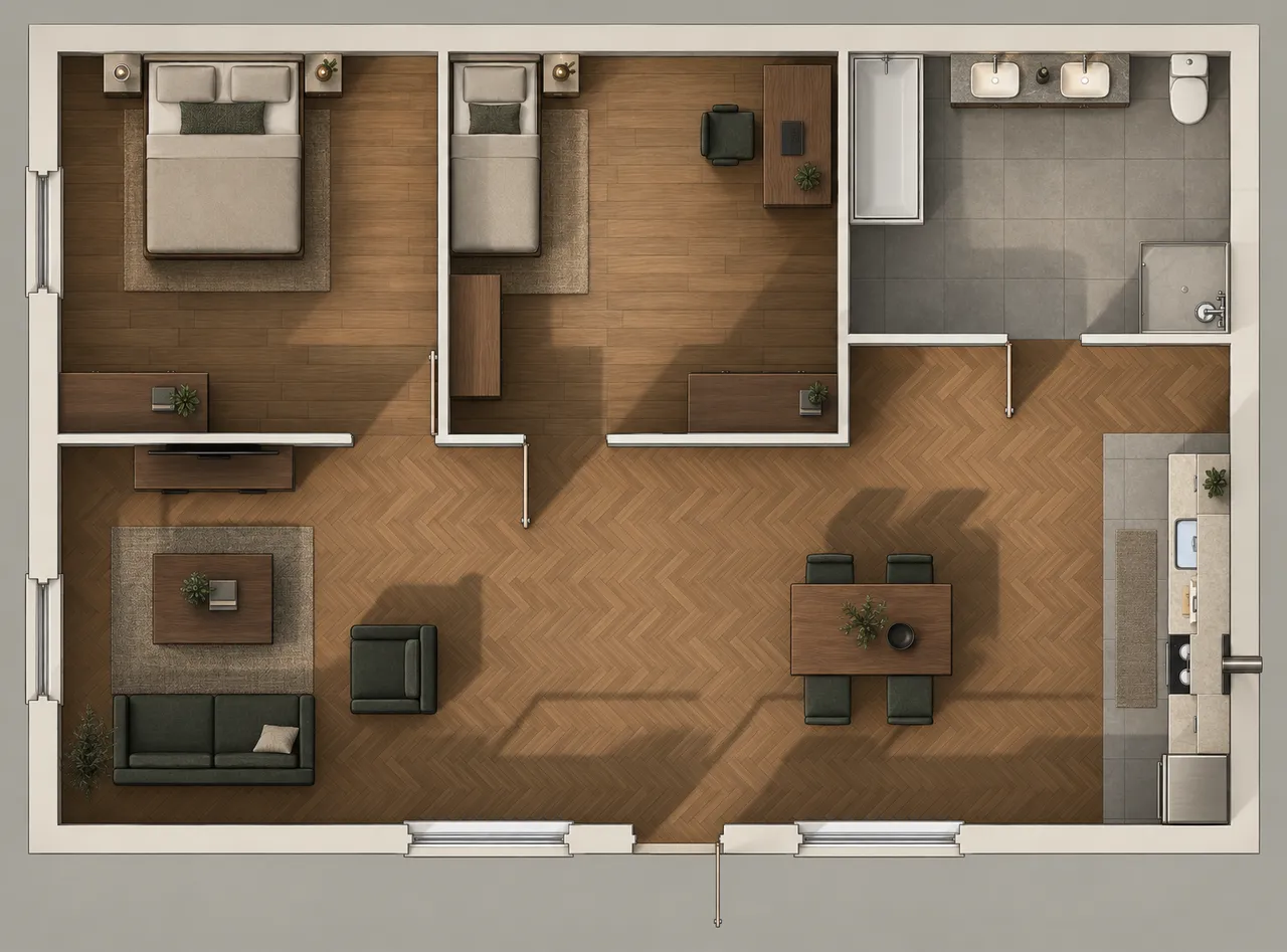 An AI image of a furnished two-bedroom flat seen from straight above: two bedrooms, a bathroom, and an open living, dining and kitchen space with timber floors, rugs and plants.