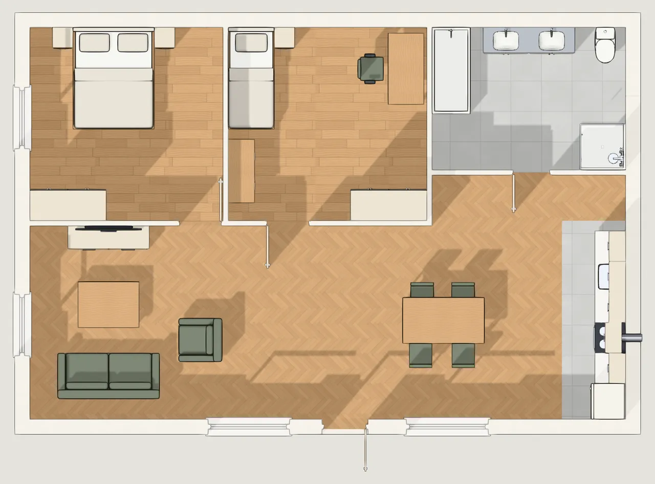 Gridsnap's own overhead render of a furnished two-bedroom flat: herringbone and oak floors, a grey tiled bathroom, a green sofa and armchair, and a dining table with four chairs.