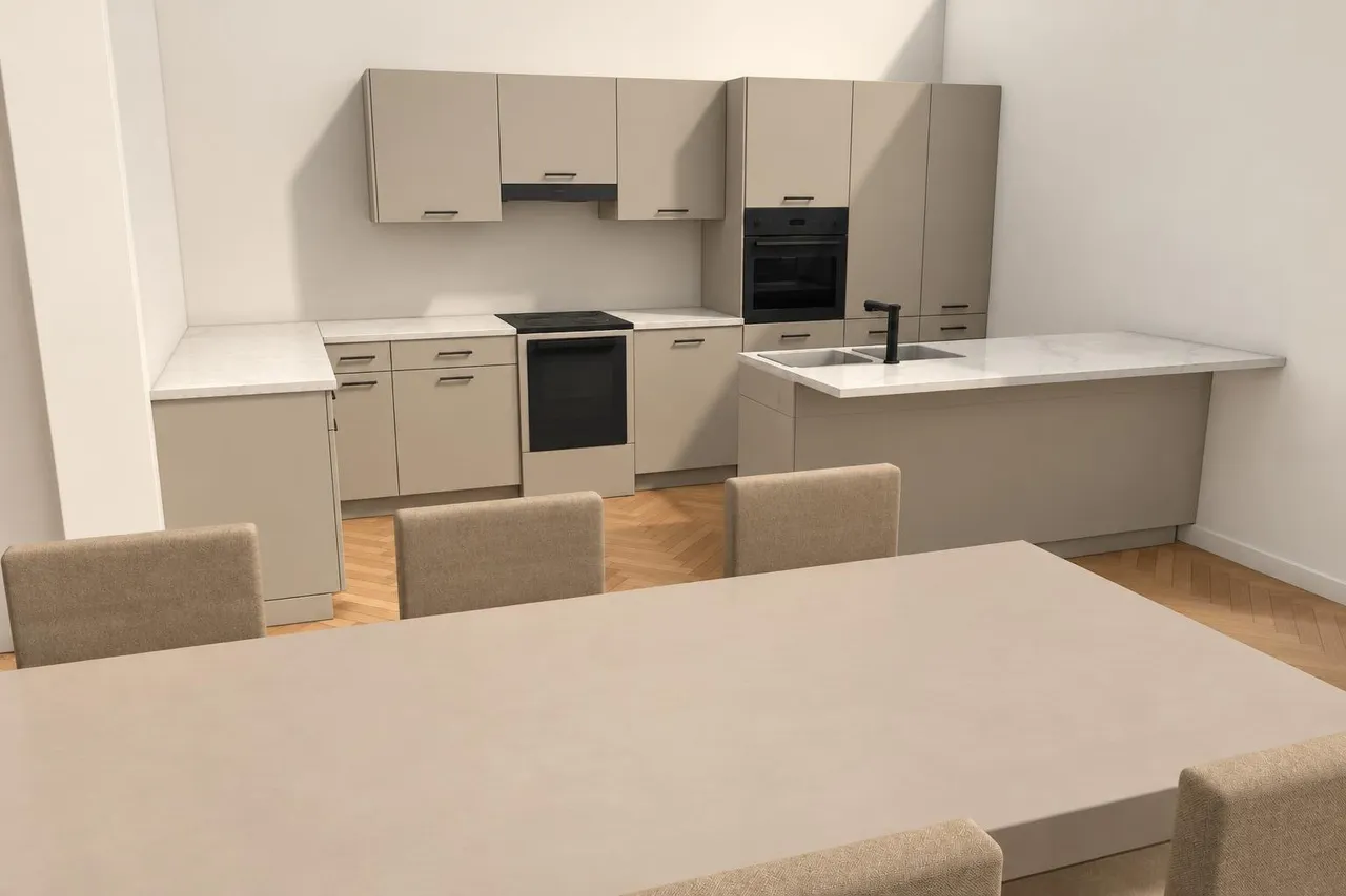 An AI image of a kitchen seen from beyond the dining table: taupe wall and base cabinets, a black oven, white stone worktops and a peninsula with a black tap, on a herringbone oak floor, in plain daylight.