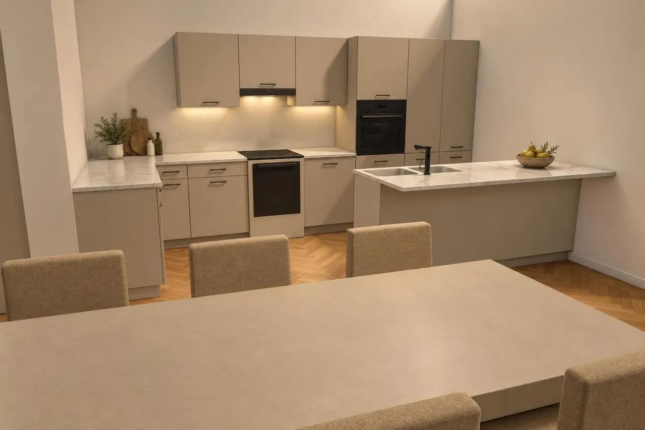 The same kitchen view in soft evening light: warm light under the wall cabinets and a darker room, with a few small objects on the worktops such as a plant, a chopping board and a bowl of pears.