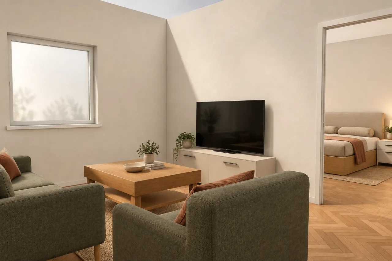 An AI image of a living room from eye level: two green armchairs around an oak coffee table, a TV on a white sideboard, a window on the left, and through the open doorway a bedroom with an upholstered bed.