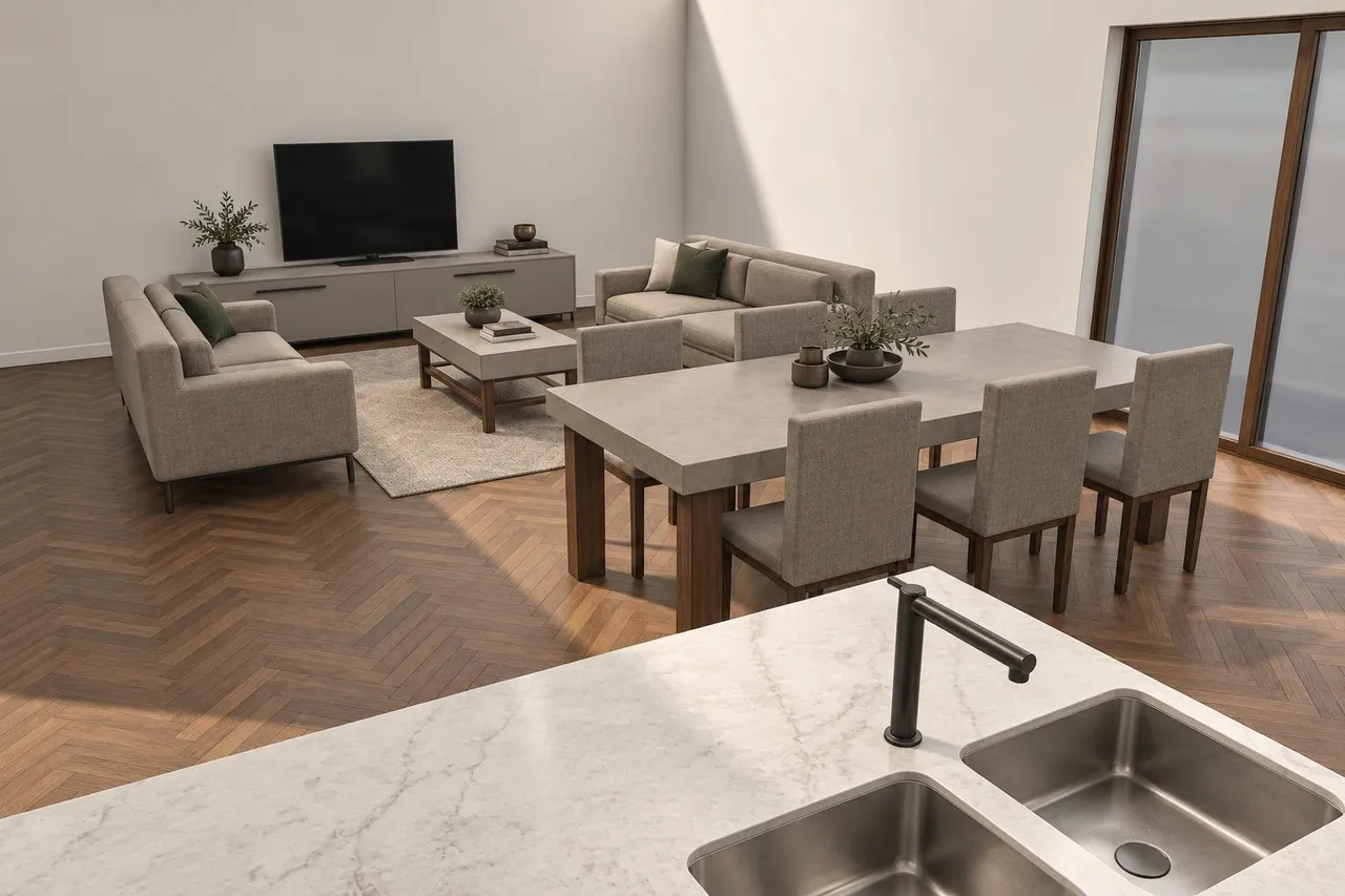An AI image looking from a kitchen island with a marble worktop and double sink across a dining table to the living room, in the Contemporary palette: walnut herringbone floor, greige sofas and stone-coloured furniture.