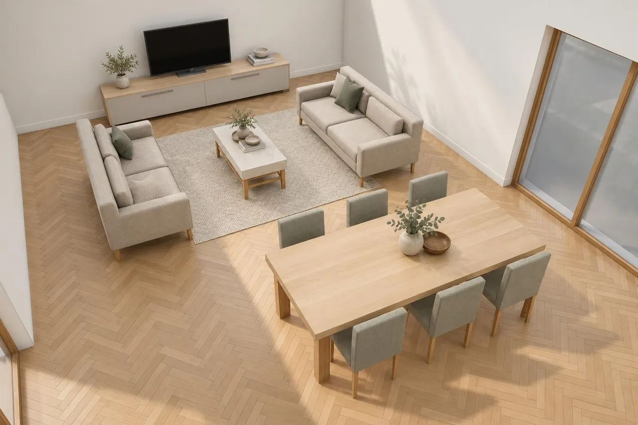 The AI presentation image of the same view in the Scandinavian palette and neutral daylight: the same room, sofas, sideboard, table and chairs in the same places, with the table in light oak, grey-green chair seats, and a rug, cushions, plants and a bowl added.