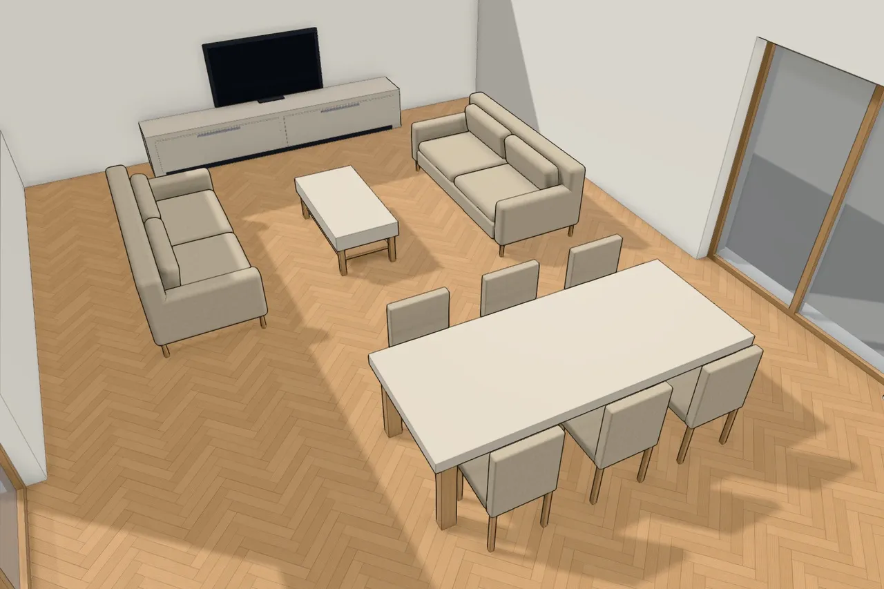 Gridsnap's own 3D view looking down into an open living and dining room: a herringbone oak floor, two beige sofas facing a white coffee table, a TV on a low sideboard, a long white dining table with six beige chairs, and tall glazed doors on the right.