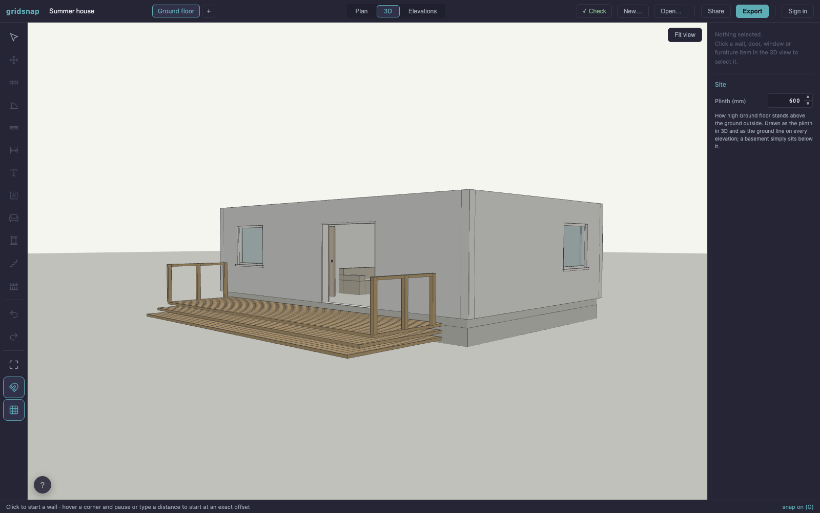 A house on a plinth in Gridsnap's 3D view with an attached timber deck: railings on the open sides, a flight of steps down to the ground, and a sliding door opening onto the terrace
