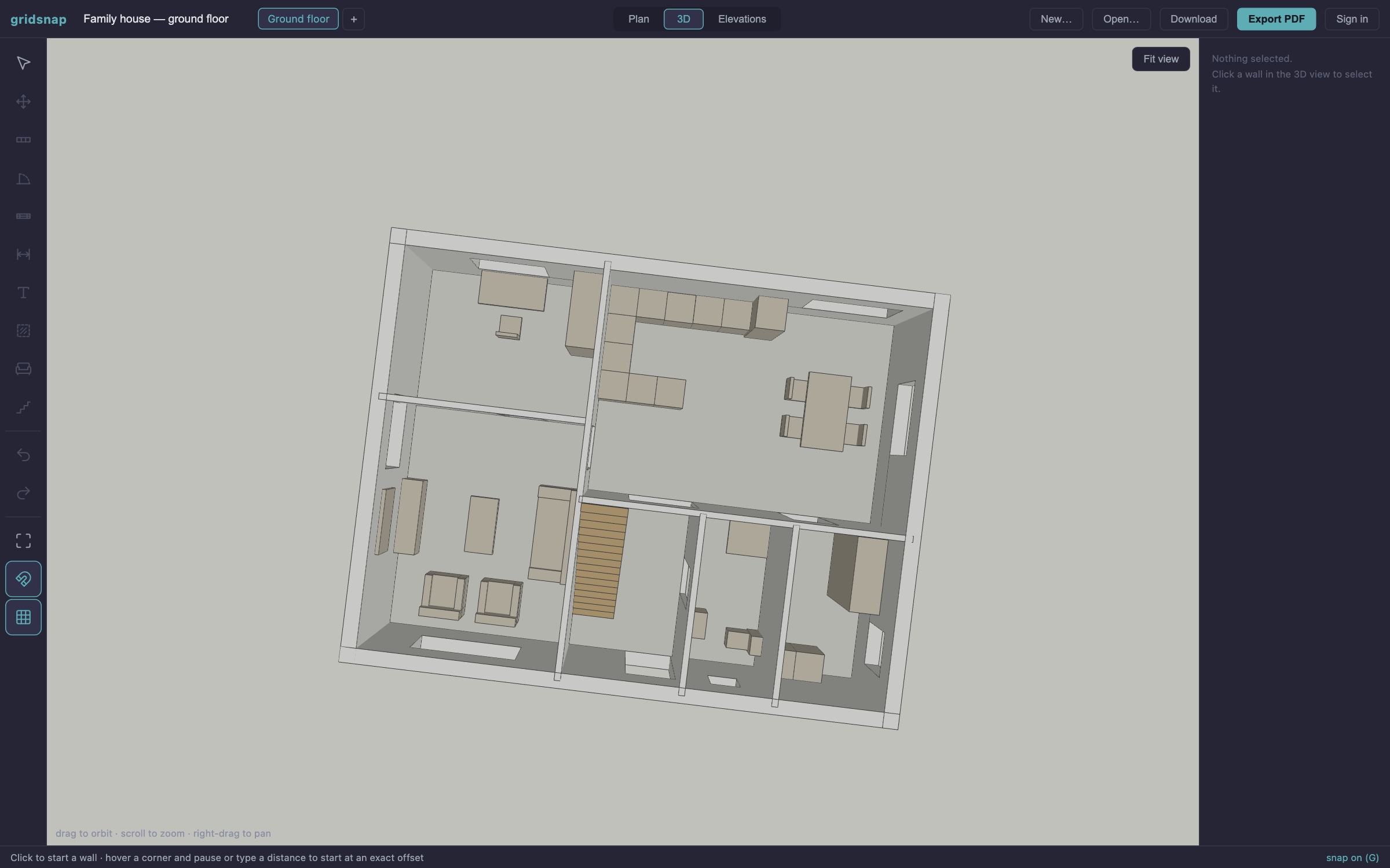 3D view of a floor plan in Gridsnap showing walls with door and window openings, stairs, and furniture massing
