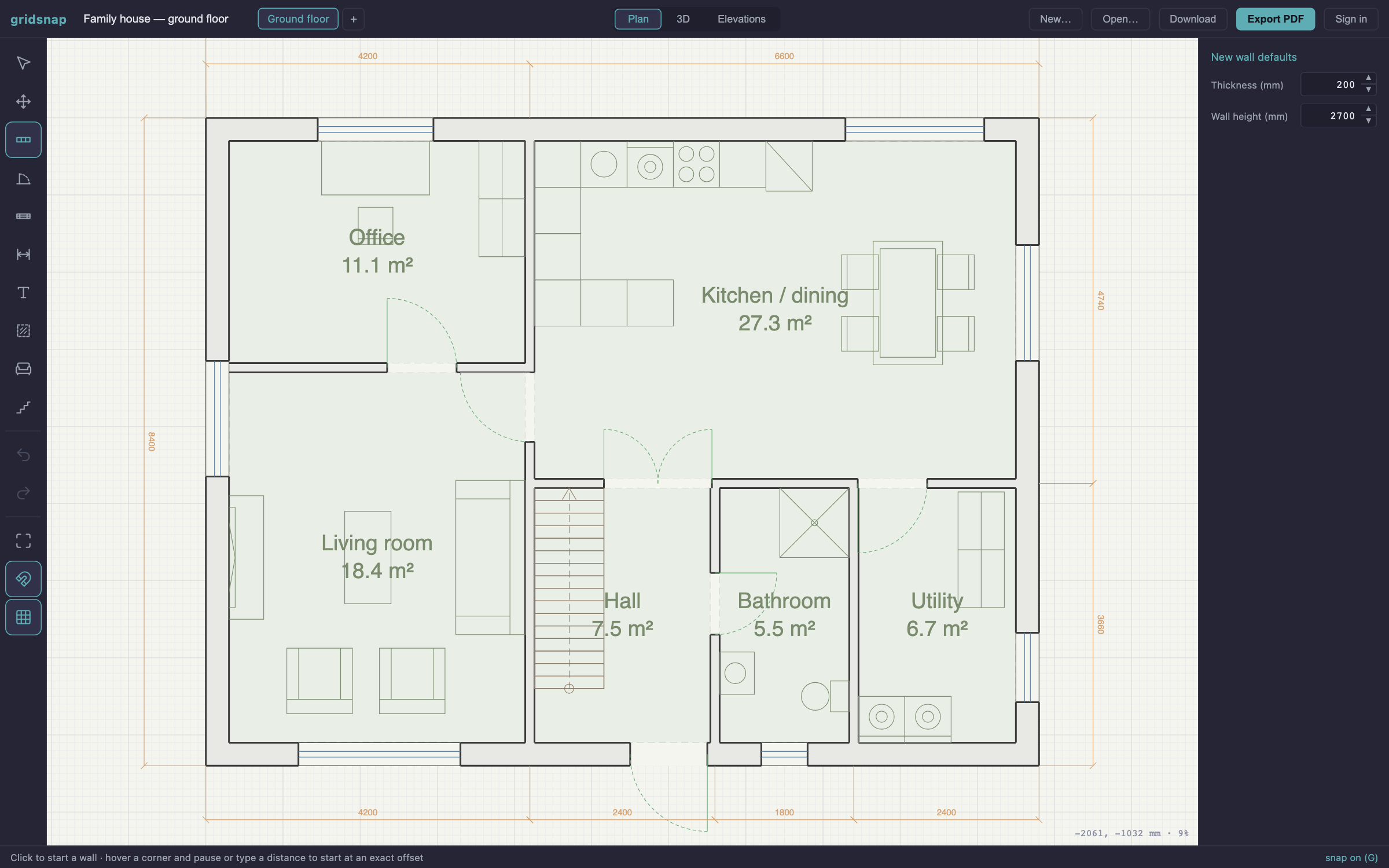 Floor plan drawn in Gridsnap showing exterior and interior walls, doors, windows, room labels with areas, and dimension chains
