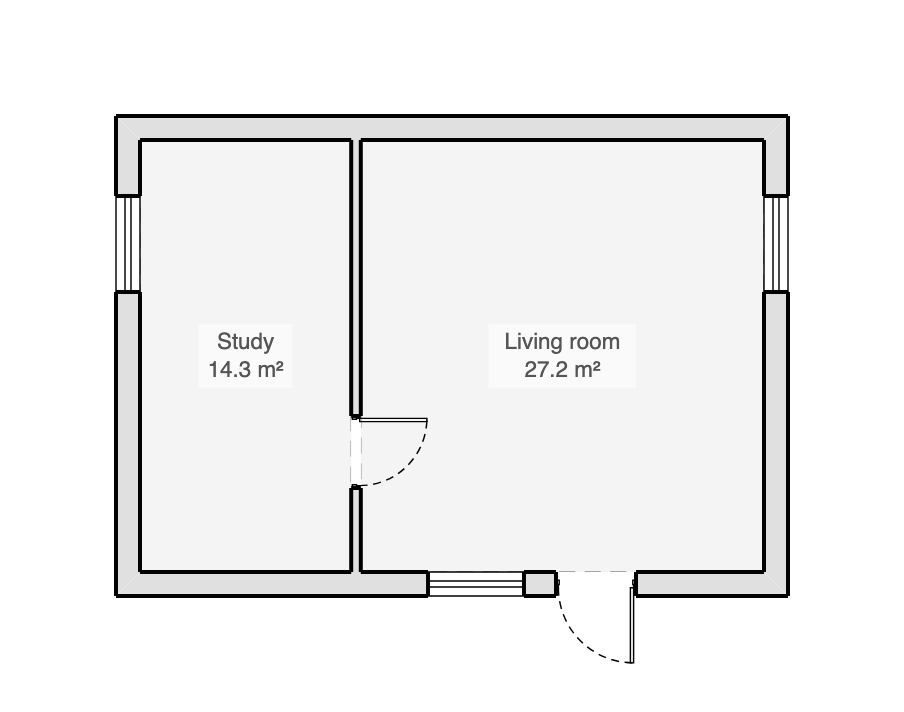 Floor plan of the existing layout: an 8.4 by 6.0 metre outline with a study on the left and a living room on the right, divided by a partition with a door, the entrance and three windows marked