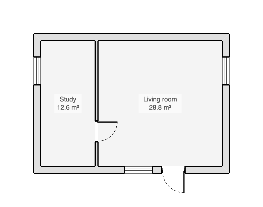 The same floor plan with the partition moved 300 millimetres towards the study, giving the living room more floor area and the study less, with the outside walls, entrance and windows unchanged