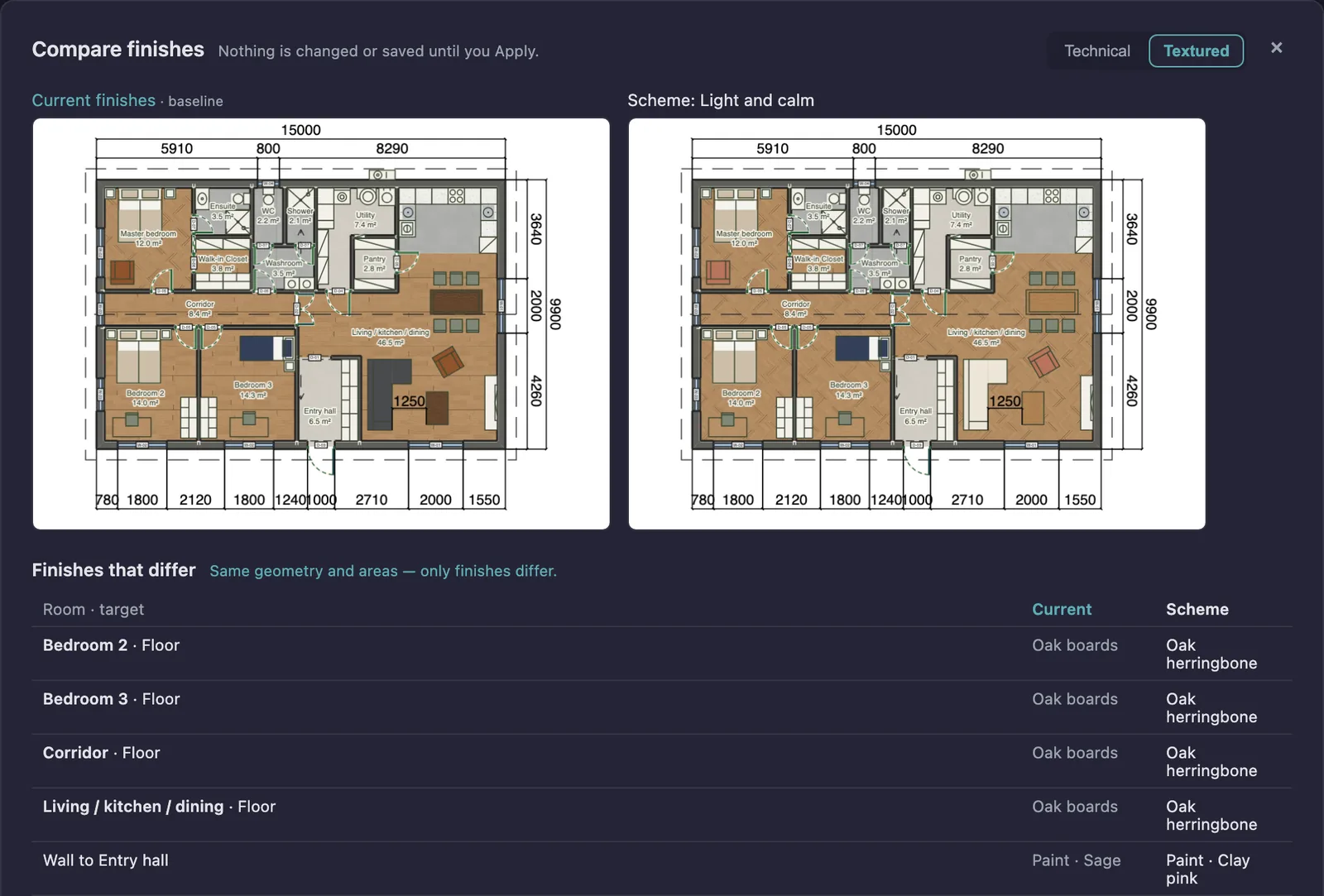 Compare finishes: Current finishes (Warm oak) and the scheme Light and calm as two Textured plans side by side, above a table of the finishes that differ, oak boards becoming oak herringbone in the bedrooms, corridor and living room and the sage accent becoming clay pink, with the note Same geometry and areas, only finishes differ
