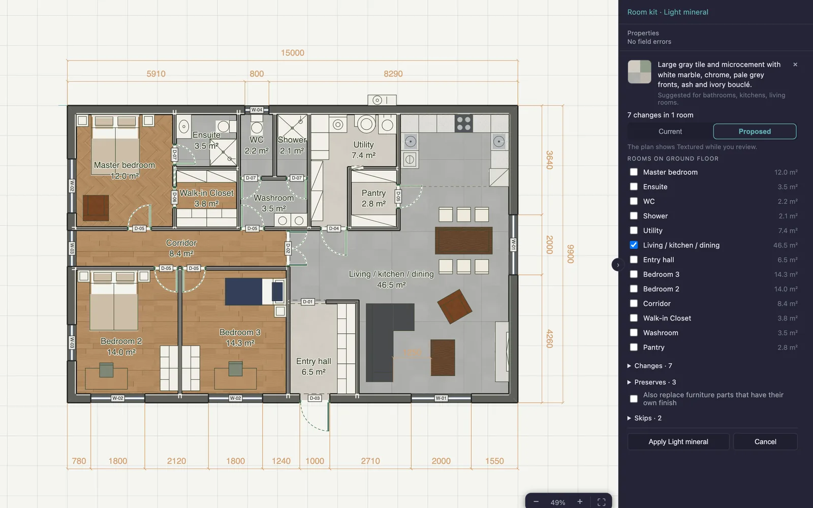 The Light mineral room kit under review: the Textured plan previews grey tile and pale chairs in the 46.5 m² living, kitchen and dining room while the rest of the house is unchanged, and the panel reads 7 changes in 1 room, with Current and Proposed, Changes 7, Preserves 3, Skips 2, and Apply and Cancel