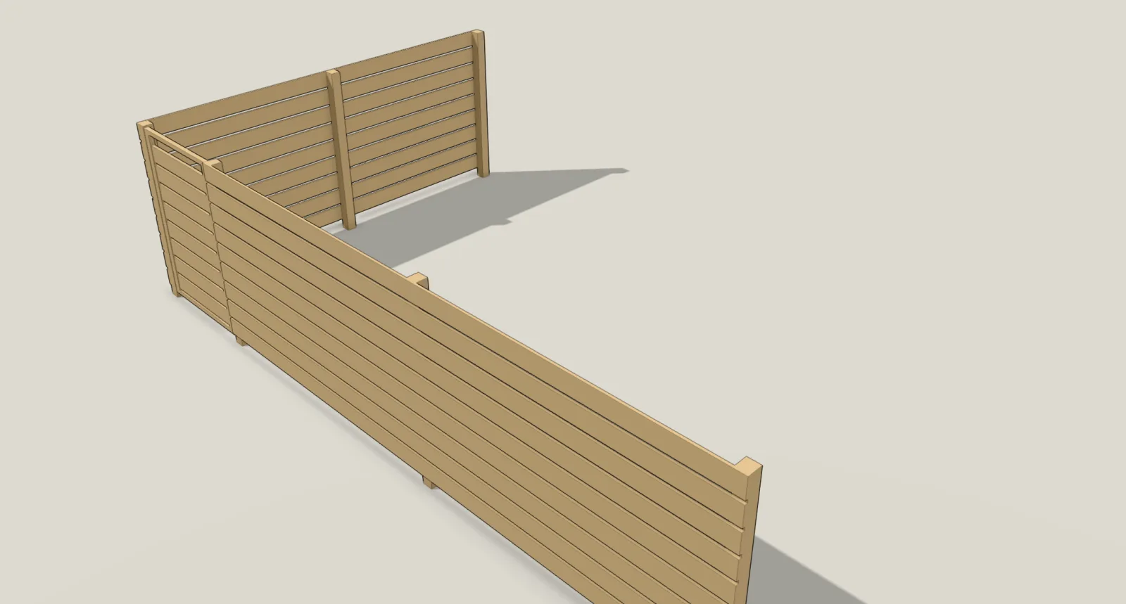 A timber fence of horizontal boards turning a corner in realistic 3D, seen from outside the corner. The boards are on the outside face of both runs, one post stands at the corner, a boarded gate hangs on that corner post at the start of the near run, and the long run continues with its boards running past the intermediate post.