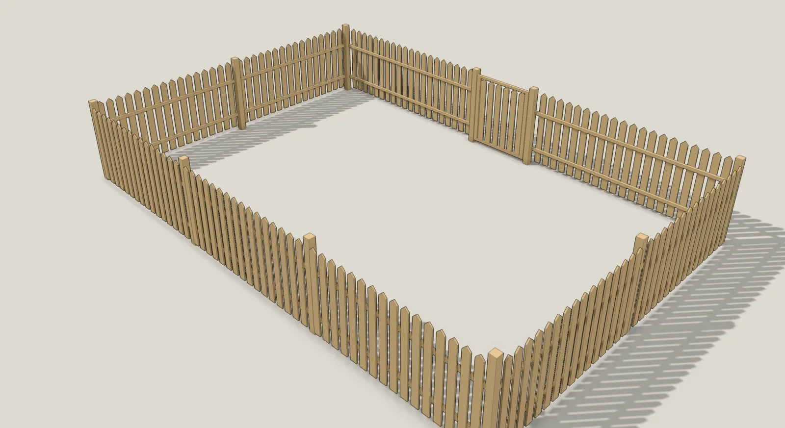 A rectangular garden enclosed by a 1.2 metre picket fence with pointed slats, in realistic 3D. The slats are on the outside of every run, so the near runs show their slats and the far runs show their rails and posts from inside. A single gate is set into the far run, and each corner turns on one post.