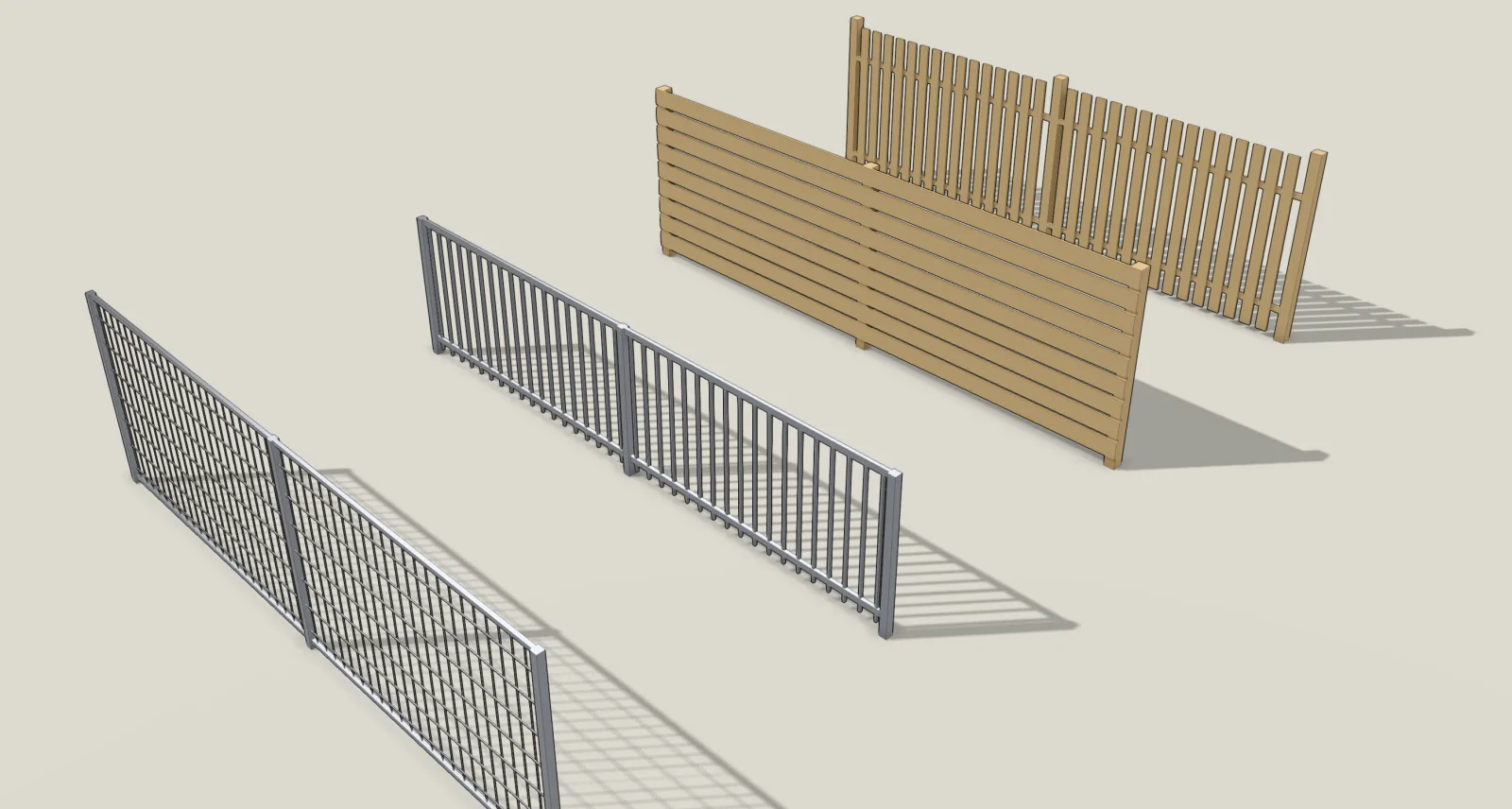Four straight fence runs drawn in Gridsnap and shown in realistic 3D, front to back: a welded mesh panel fence on slim steel posts, a metal bar railing, a timber fence of horizontal boards, and a timber picket fence of vertical slats on two rails.