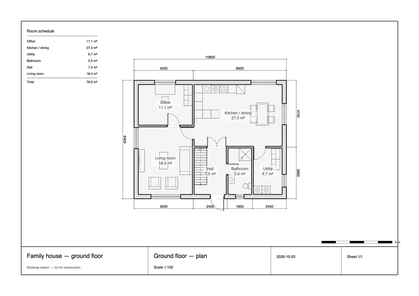 A Gridsnap PDF plan sheet at 1:100: a dimensioned ground floor with furniture symbols, room names and areas, a room schedule, a scale bar and a title block.