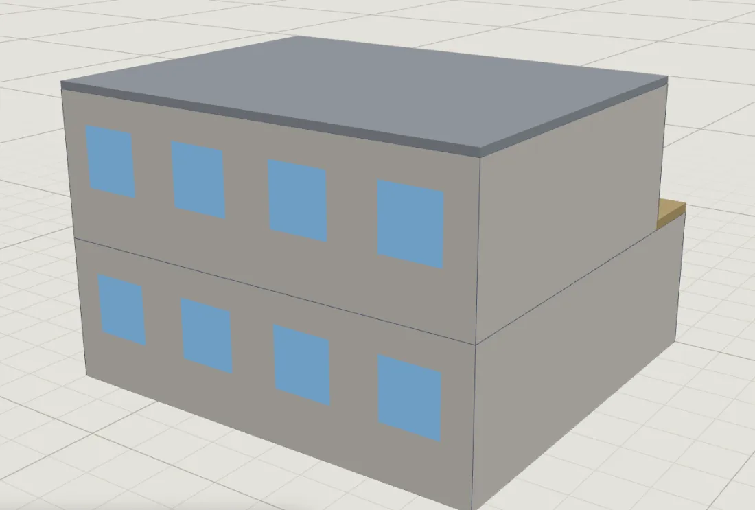 A two-storey house as a Massing concept: a 9.0 by 8.4 metre block whose upper floor is set back 1.5 metres, a flat roof decided on top, a terrace on the step and a row of four window positions per storey drawn on the garden face.