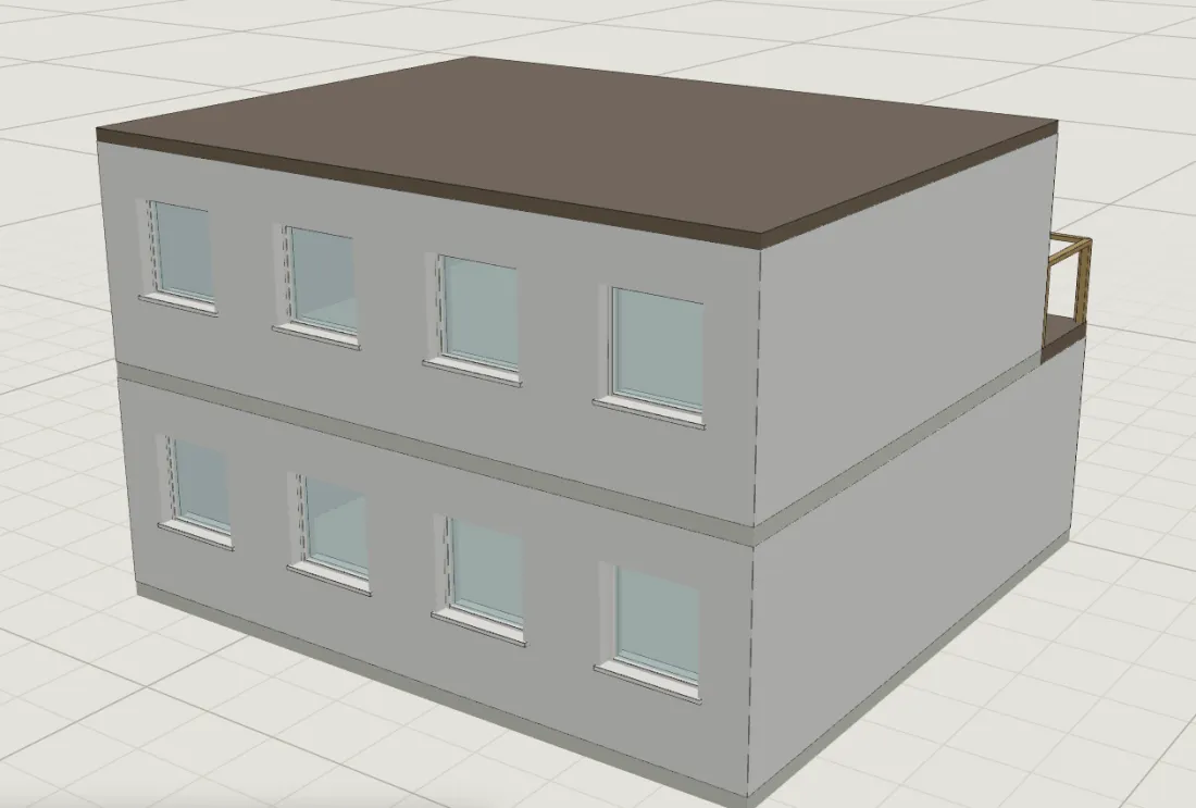 The same house from the same camera after Create drawing: real walls with eight windows, floor slabs, a flat roof and a timber guarding on the terrace.
