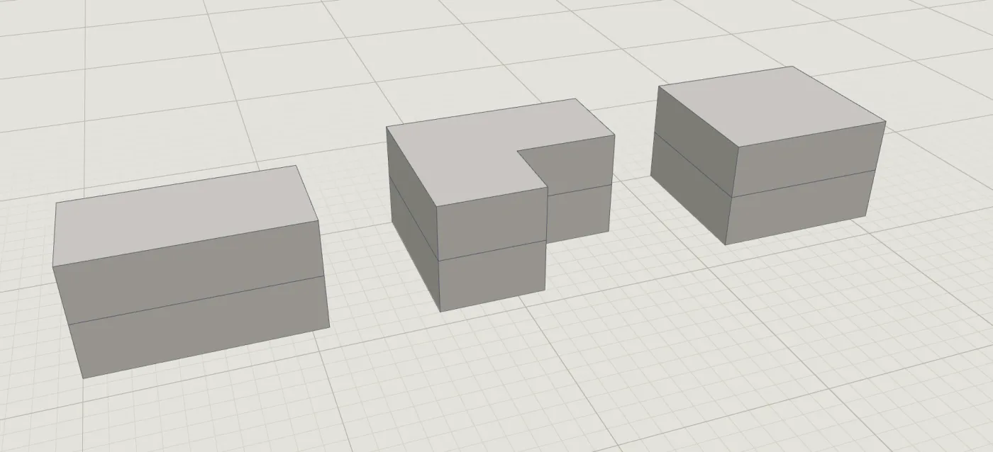 The same three volumes seen from the garden side: from this side the stepped option C reads as a full two-storey block, the L shape B shows its recessed corner open to the garden, and the compact block A is the narrowest.