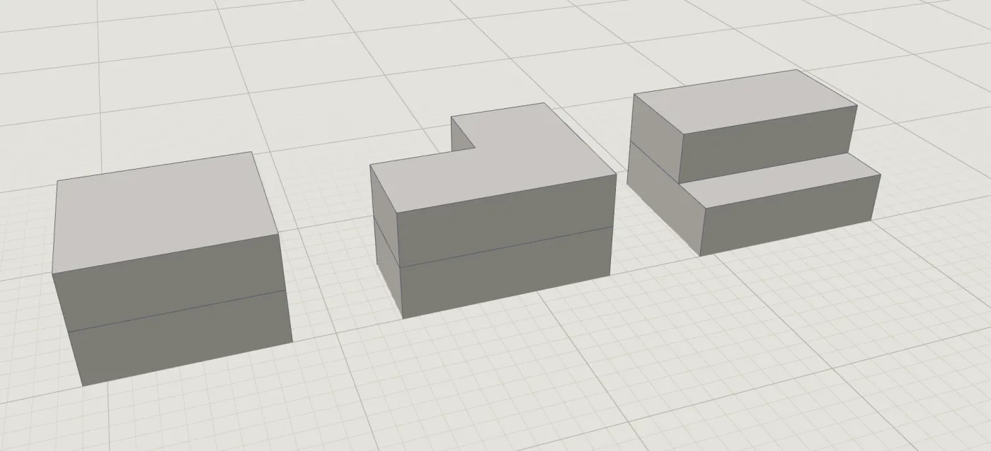 Three building shapes drawn side by side with typed sizes: a compact two-storey block, an L shape and a block whose upper floor is stepped back from the street.