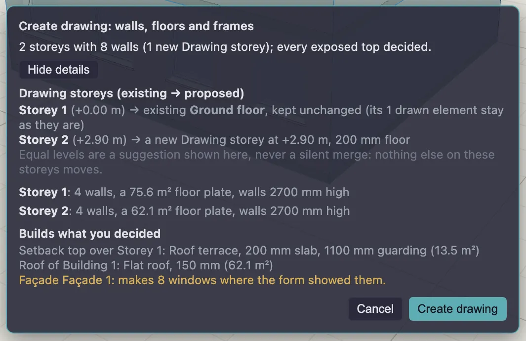 The Create drawing review: 2 storeys with 8 walls, one existing Ground floor kept unchanged, one new Drawing storey, a roof terrace with 1100 mm guarding, a flat roof and eight windows.