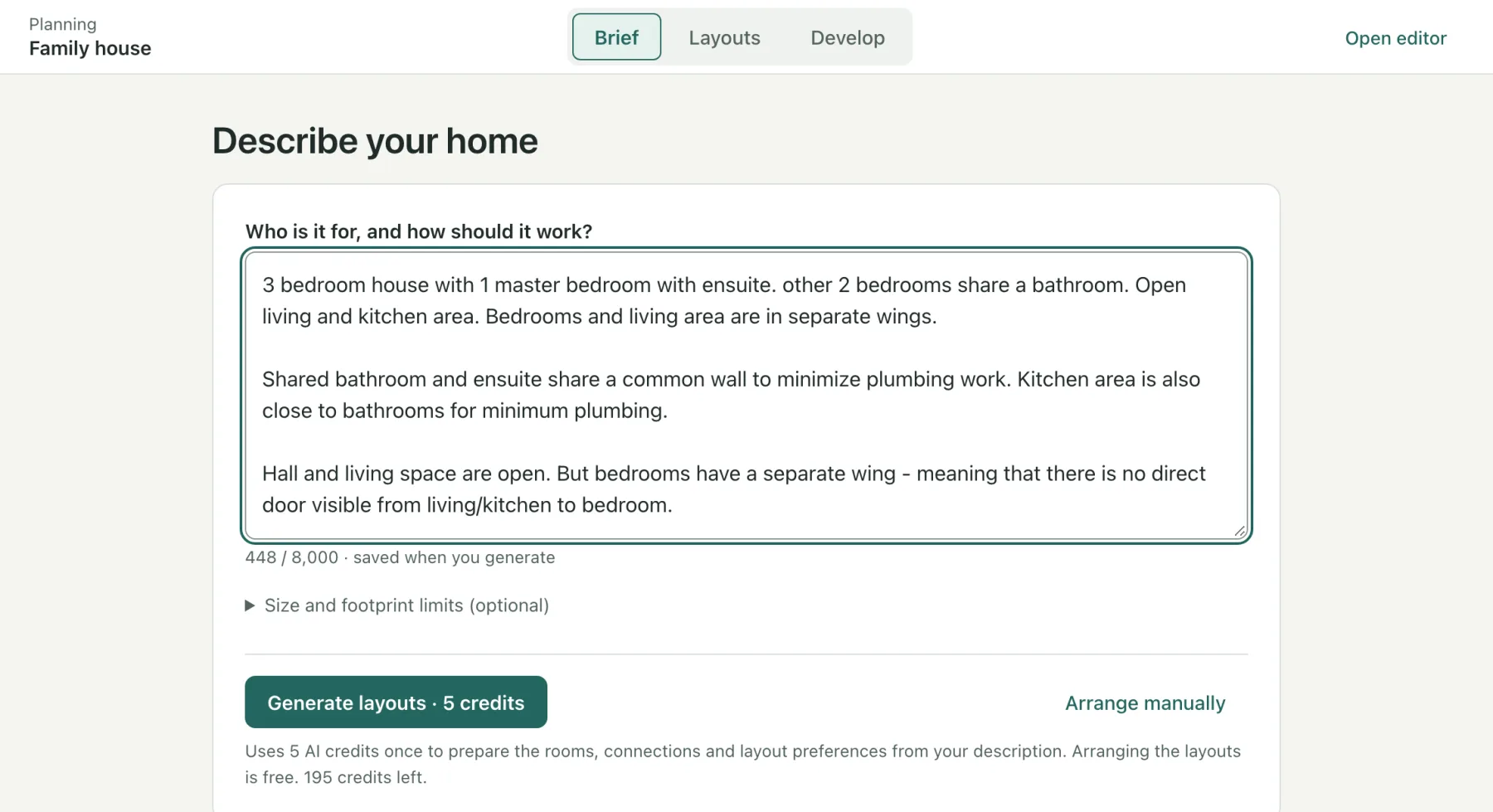 The Brief stage: a three-bedroom house described in three short paragraphs, with optional size and footprint limits and a Generate layouts button