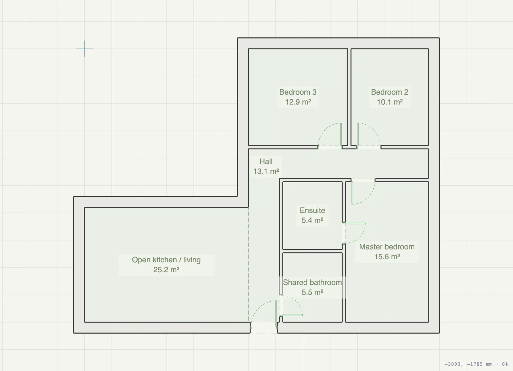 The built floor plan in the Gridsnap editor: walls with real thickness, six doors with swings, and rooms labelled Bedroom 2, Bedroom 3, Master bedroom, Ensuite, Shared bathroom, Hall and Open kitchen and living with their areas