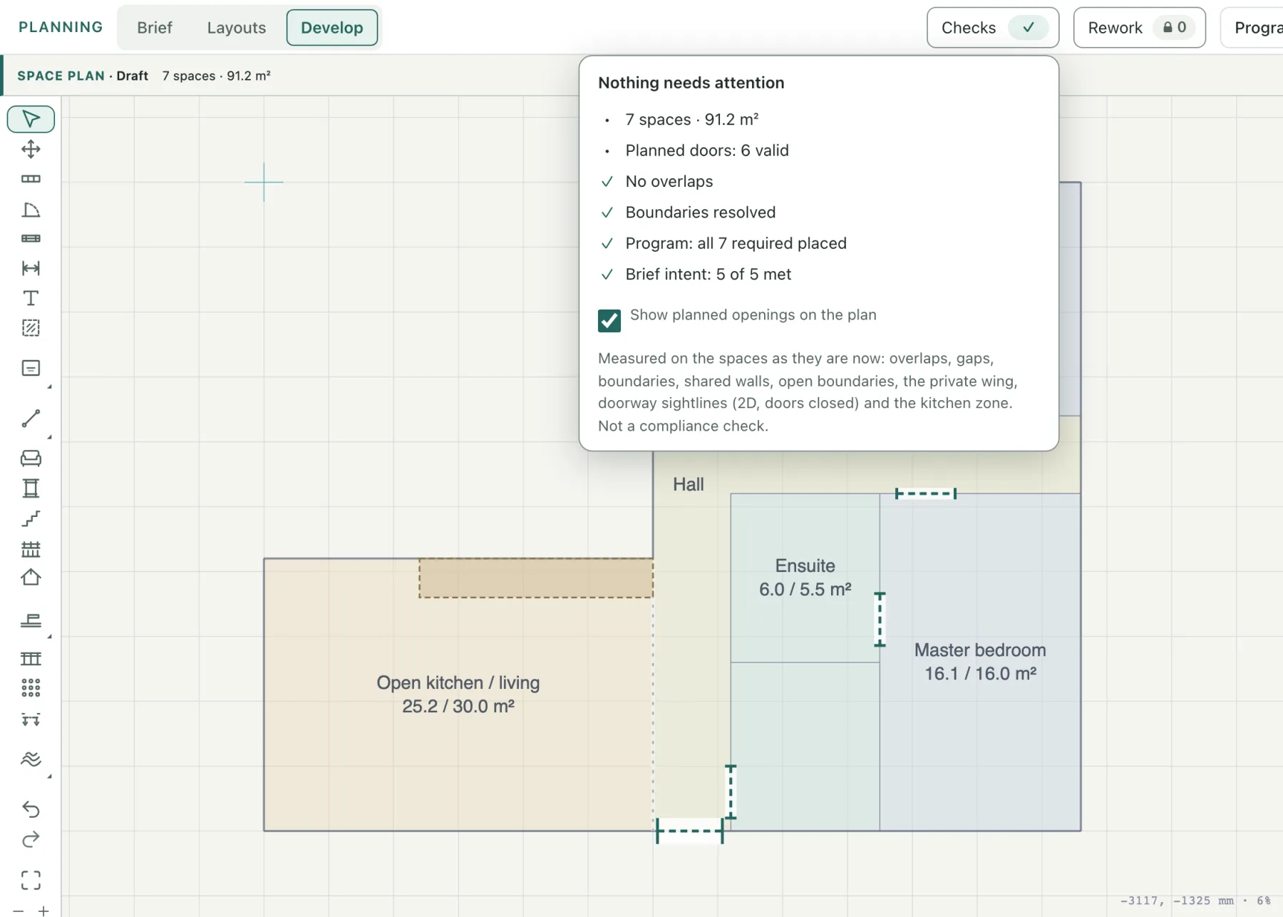 The Develop stage: the chosen layout as coloured room spaces showing planned against target areas, with the Checks panel open reporting no overlaps, boundaries resolved, all seven required rooms placed and five of five brief intents met