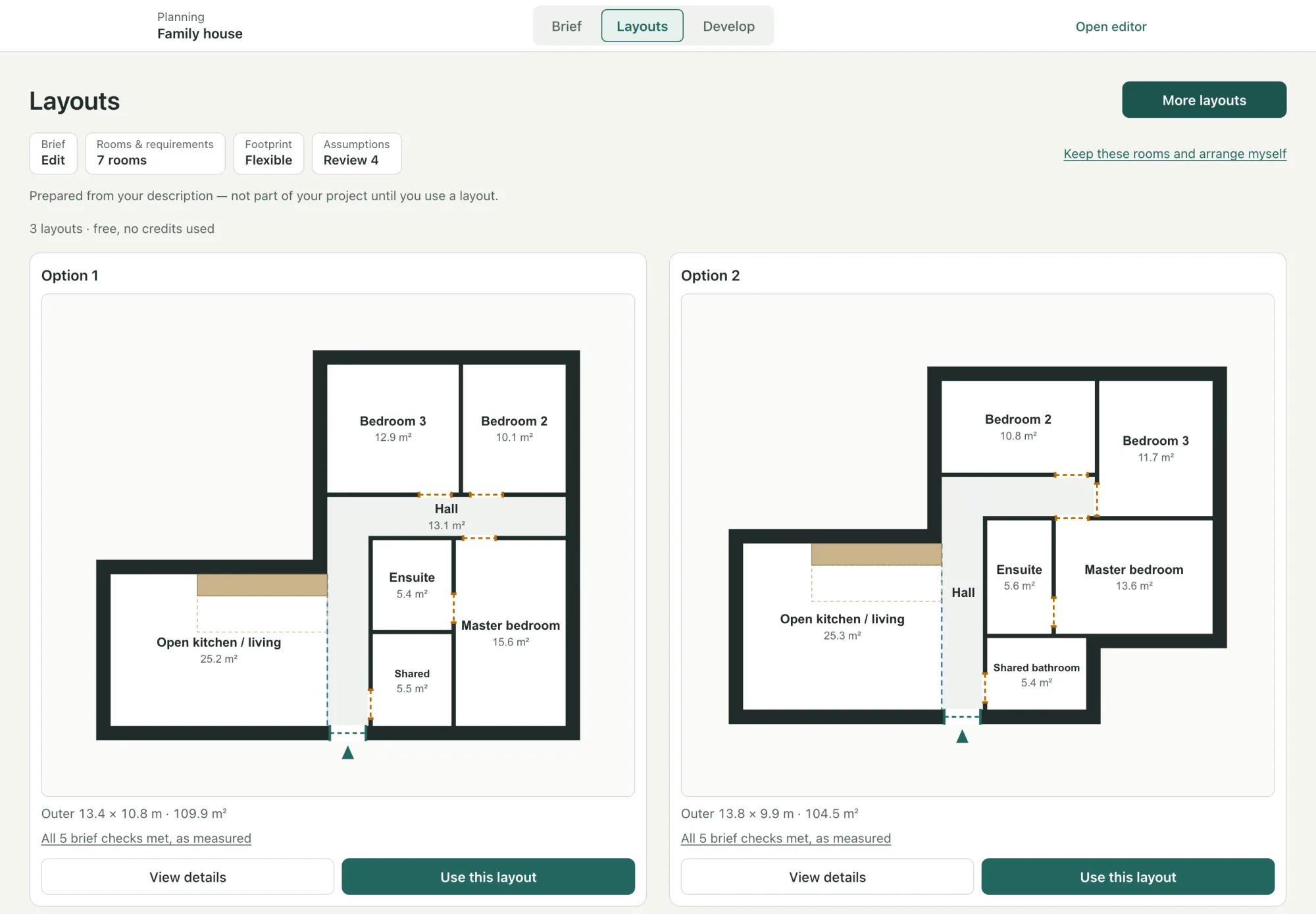 Gridsnap's Layouts stage: two floor plan options for a three-bedroom house generated from one description, each room labelled with its area, planned doorways marked, the outside size and floor area under each plan, and a note that all five brief checks are met