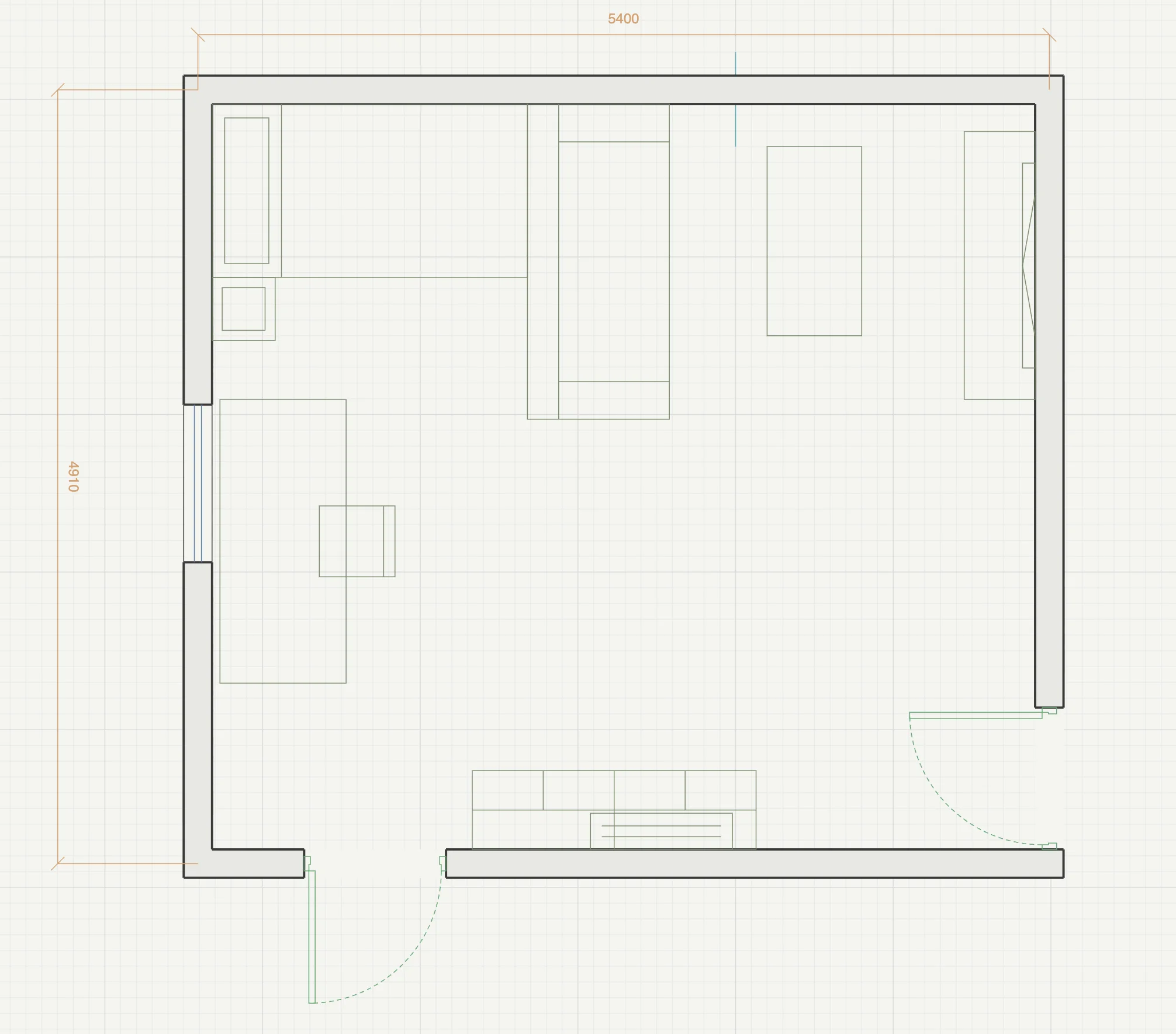 Scaled plan of the final layout: bed along the upper wall, desk and chair against the window wall, seating in the upper middle, and a media unit on the bottom wall