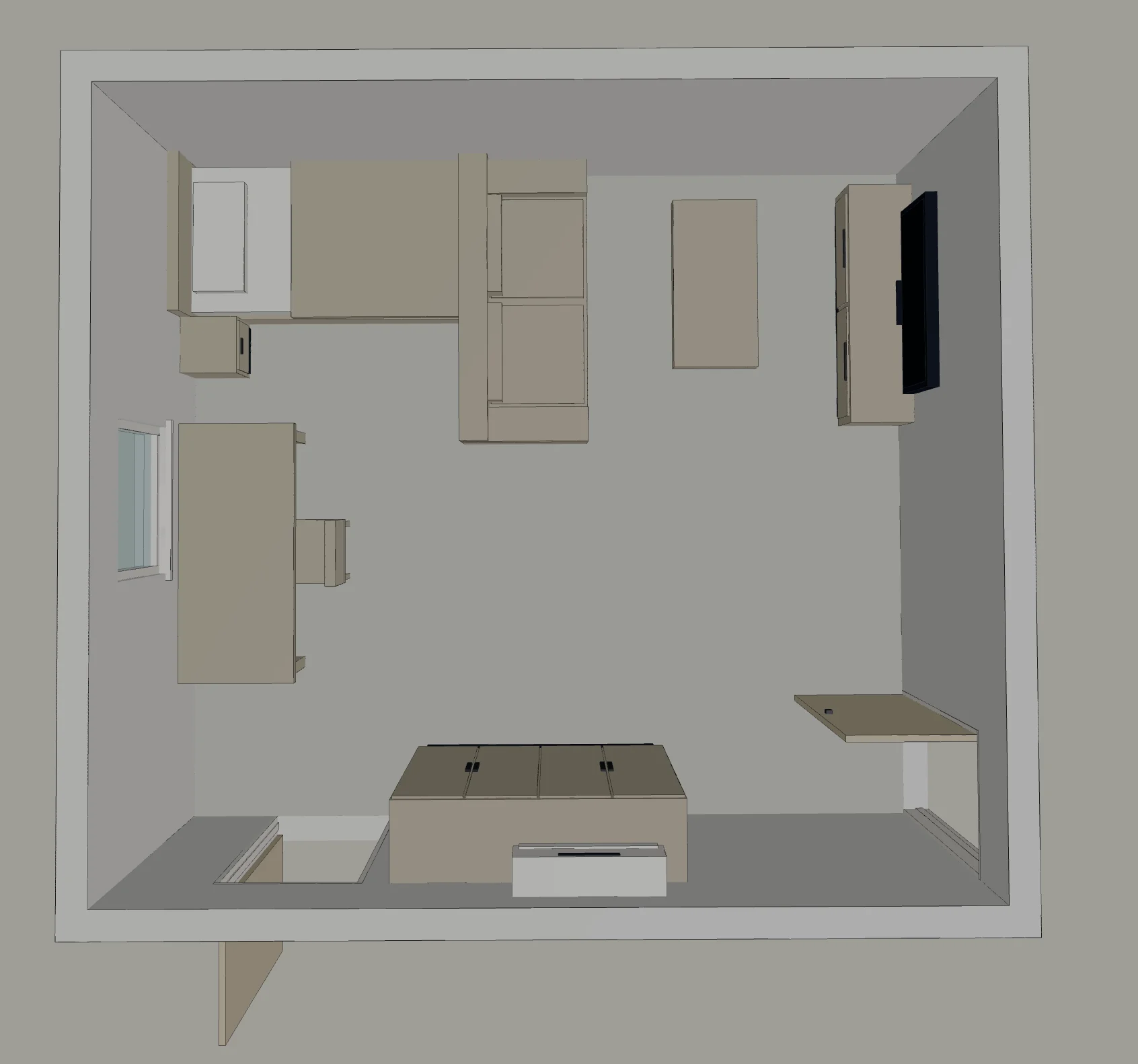 The final layout as a 3D view from above, with the desk at the window