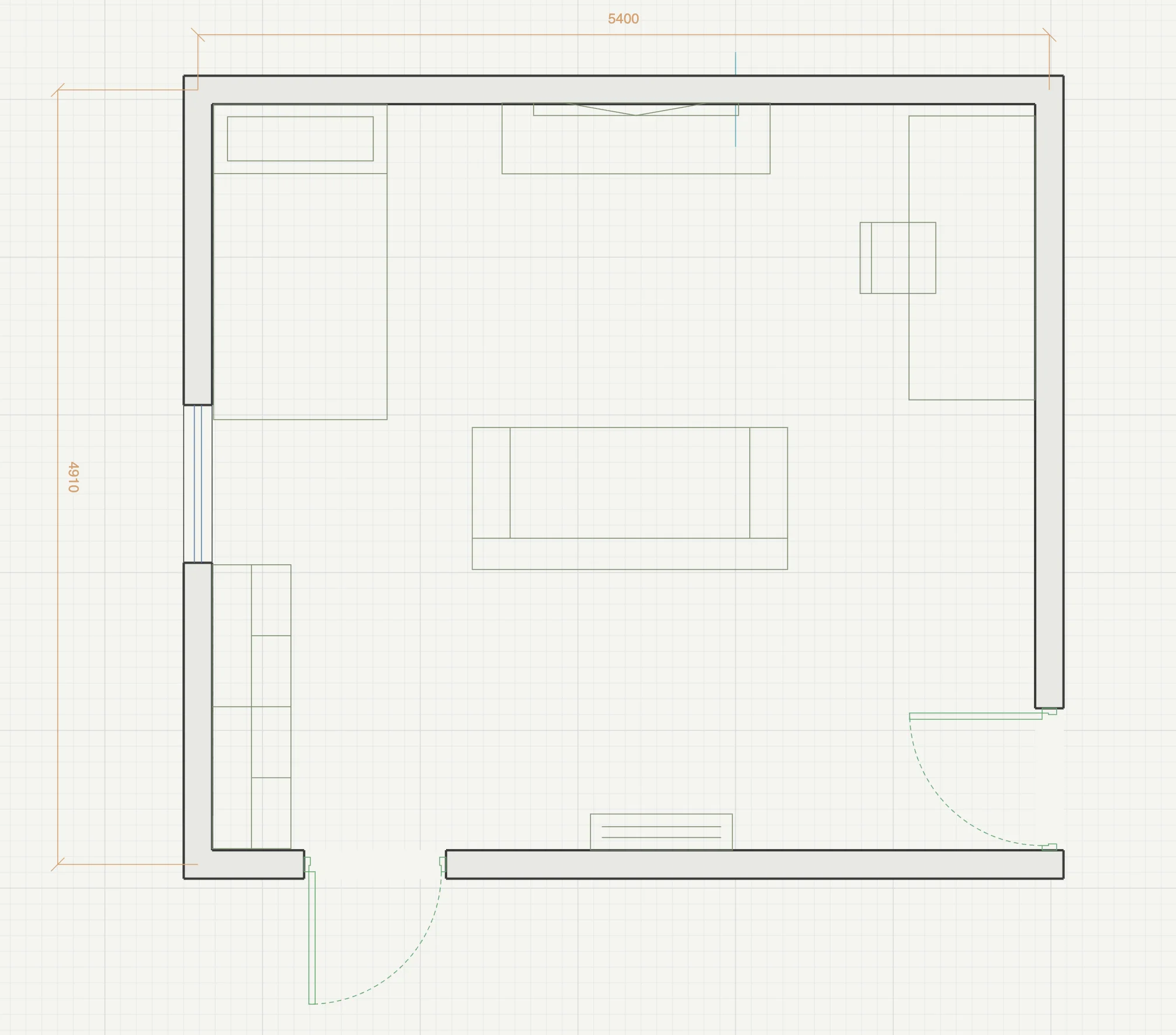 Scaled plan of a 5400 by 4910 mm room: bed top-left against the upper wall, a tall chest on the window wall below the window, a desk in the top-right corner, a sofa floating in the centre of the room, and doors at both ends of the bottom wall