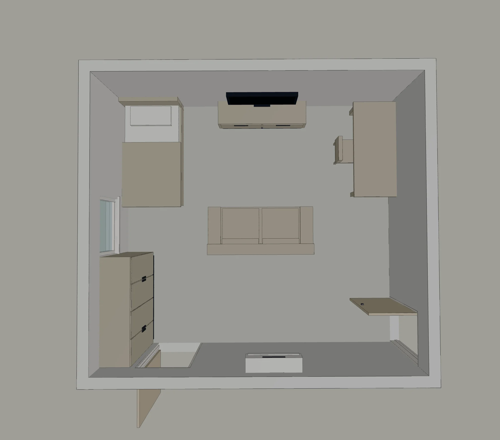 The same layout as a 3D view from above, showing the sofa stranded in the middle of an otherwise empty floor