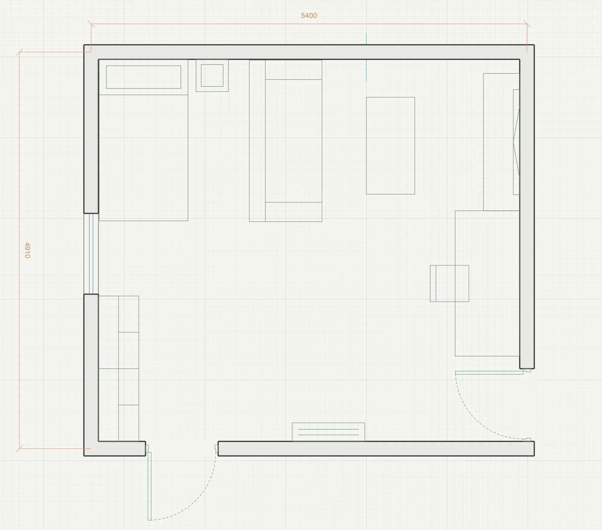 Scaled plan of the suggested layout: bed turned along the upper wall with a bedside table, seating moved up against the wall, and a clear run of floor through the middle of the room