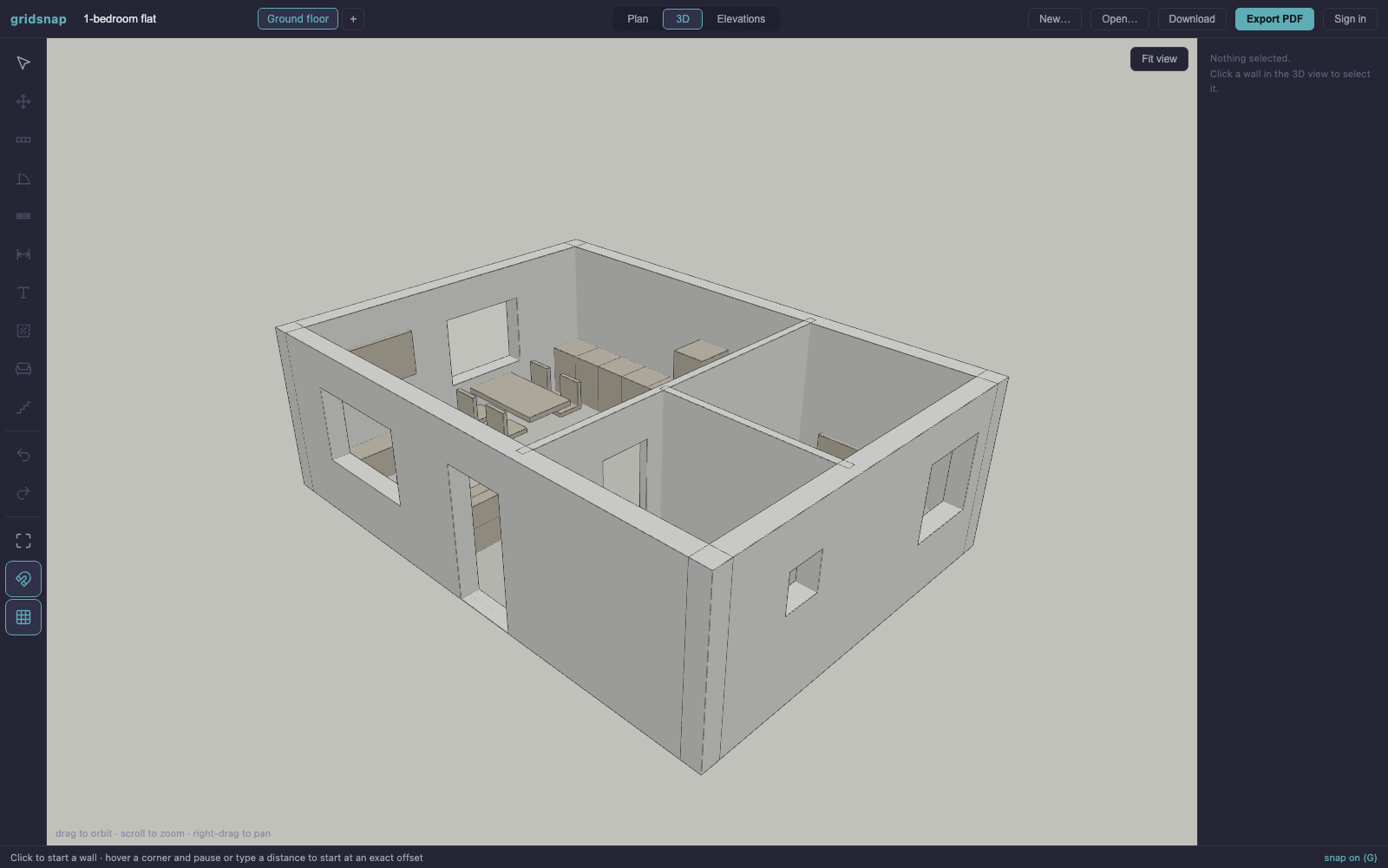 3D view of the 1-bedroom flat floor plan showing walls, window and door openings, and furniture