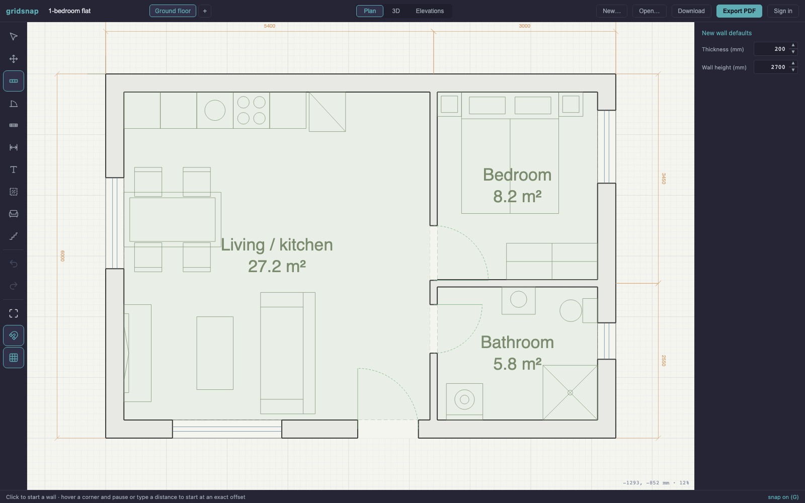 1-bedroom flat floor plan, 8.4 by 6 metres, with open living/kitchen, bedroom and bathroom, drawn with dimensions in the Gridsnap editor