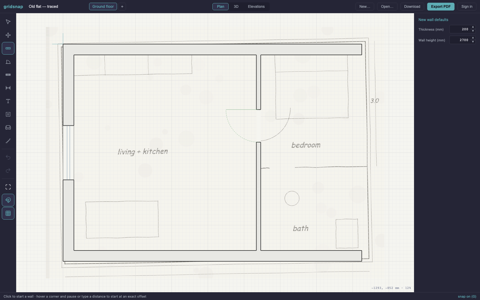 A scanned pencil floor plan sketch as a faded underlay in Gridsnap, with crisp CAD walls, a door and a window already traced over the left half